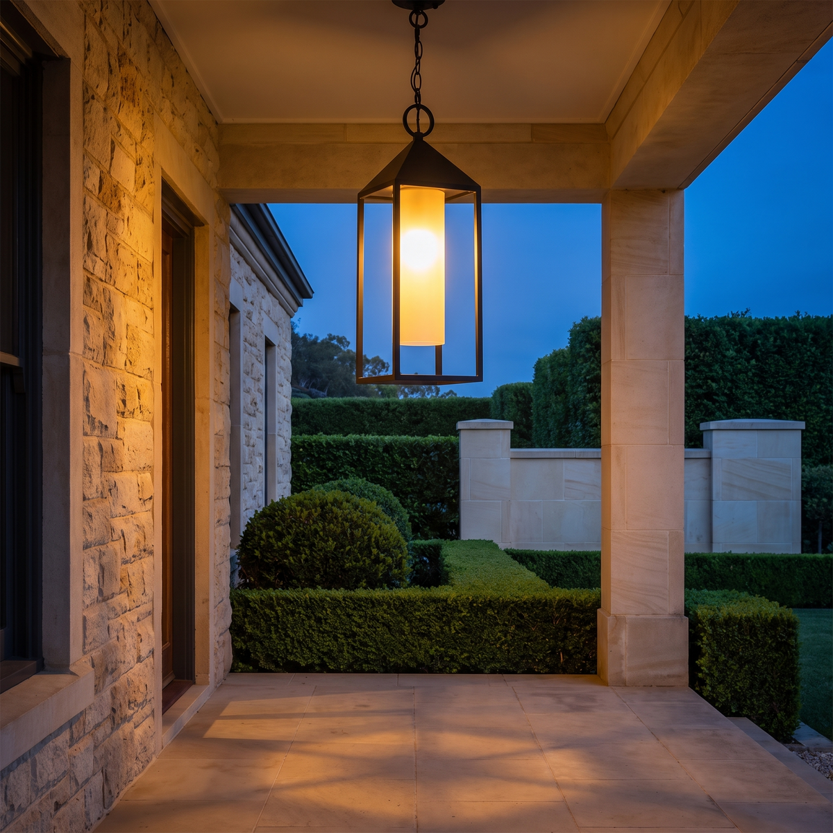 Lantera lantern on a covered porch at dusk