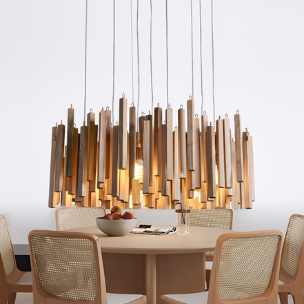 Kindra wood stick chandelier on white