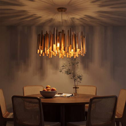 Kindra chandelier over a walnut dining table