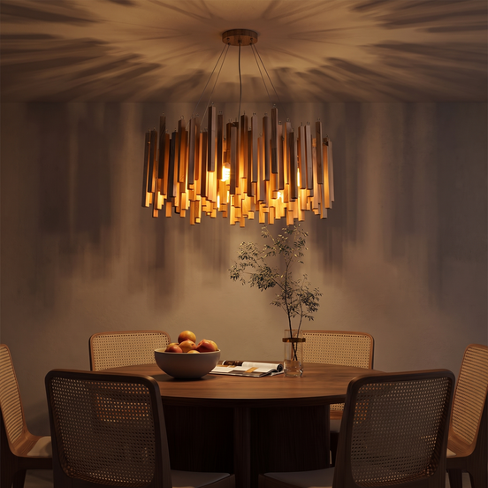 Kindra chandelier over a walnut dining table