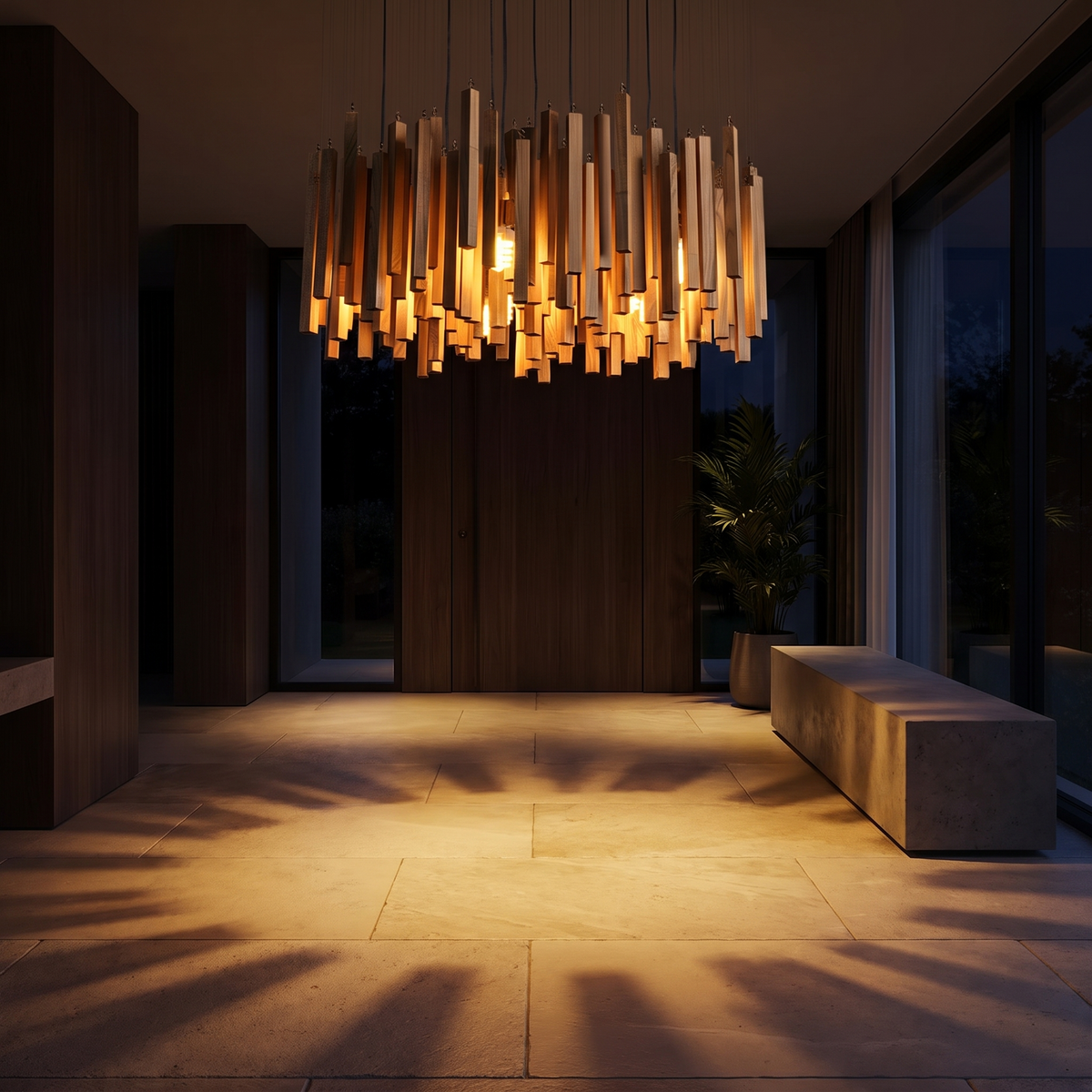 Kindra chandelier in a modern entryway at night