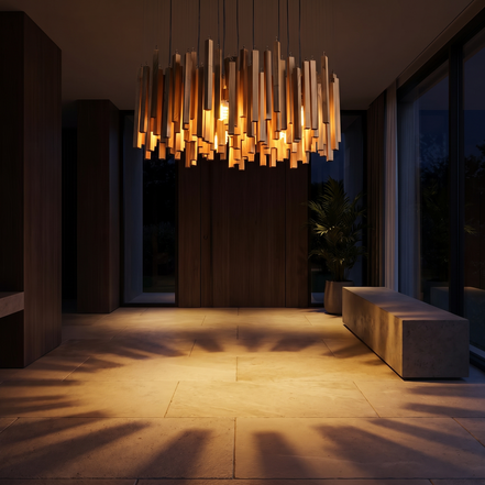Kindra chandelier in a modern entryway at night