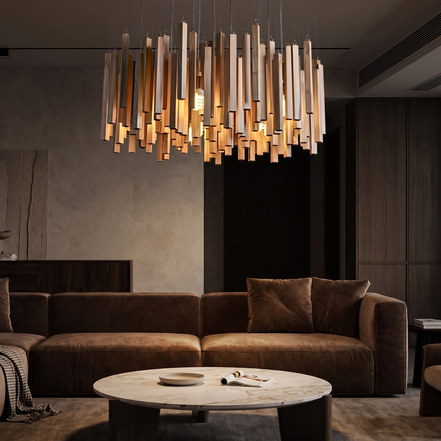 Kindra chandelier in a modern living room at night