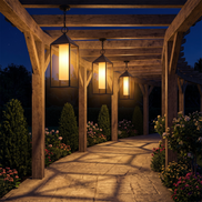 Lantera lanterns under a pergola beside a lit path