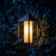 Lantera lantern glowing close up against foliage