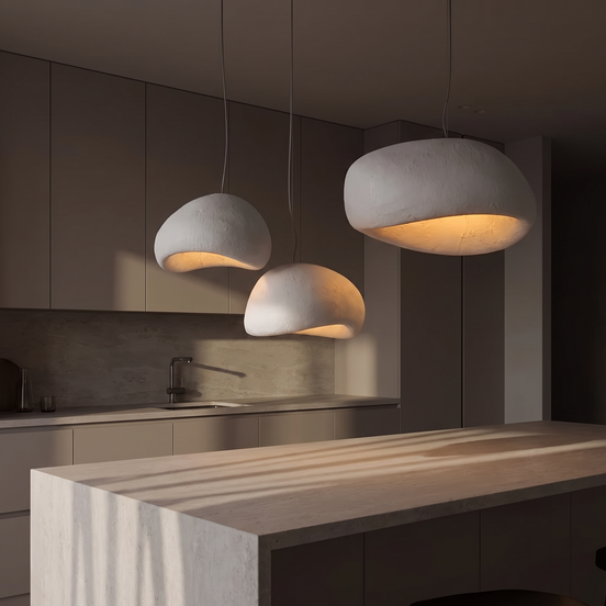 Zenora chandelier over a stone kitchen island