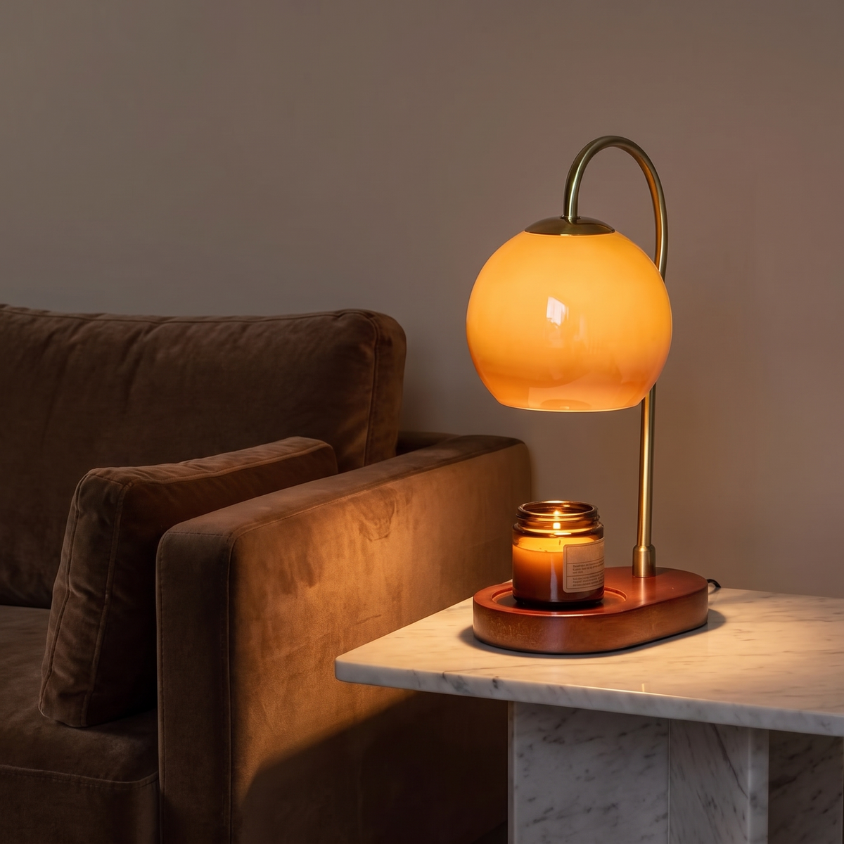 Emberly candle warmer lamp on a marble side table