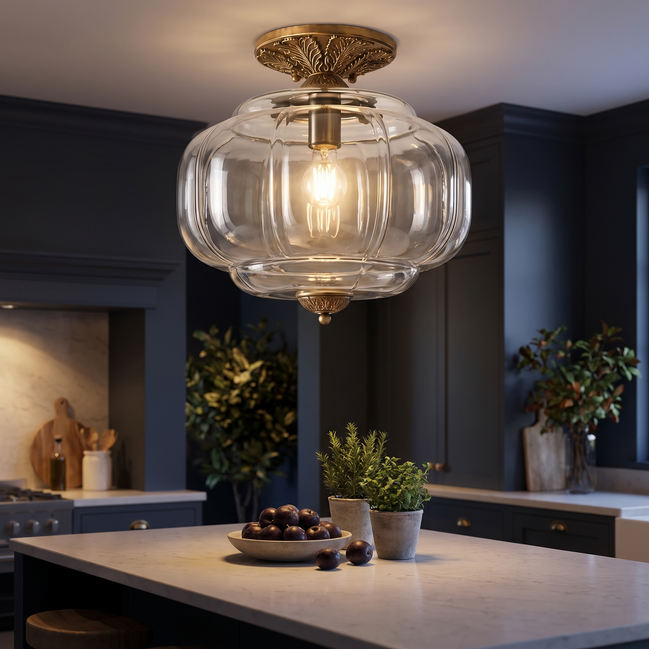 Solenne scalloped milk glass semi flush mount ceiling light in a kitchen