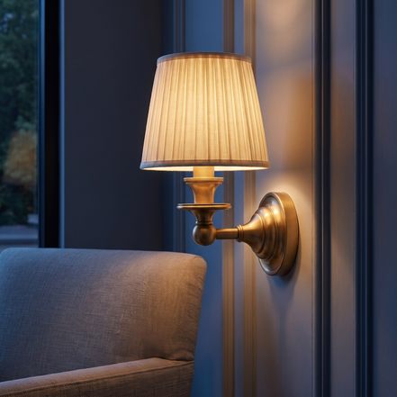 Auberly pleated fabric drum wall sconce beside a reading chair