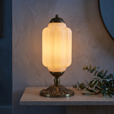 Solenne ribbed glass table lamp on an entry console
