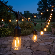 Lumenza outdoor LED string lights over a stone patio