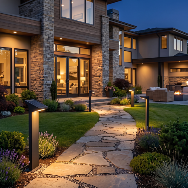 Vantis solar post lights along a garden path