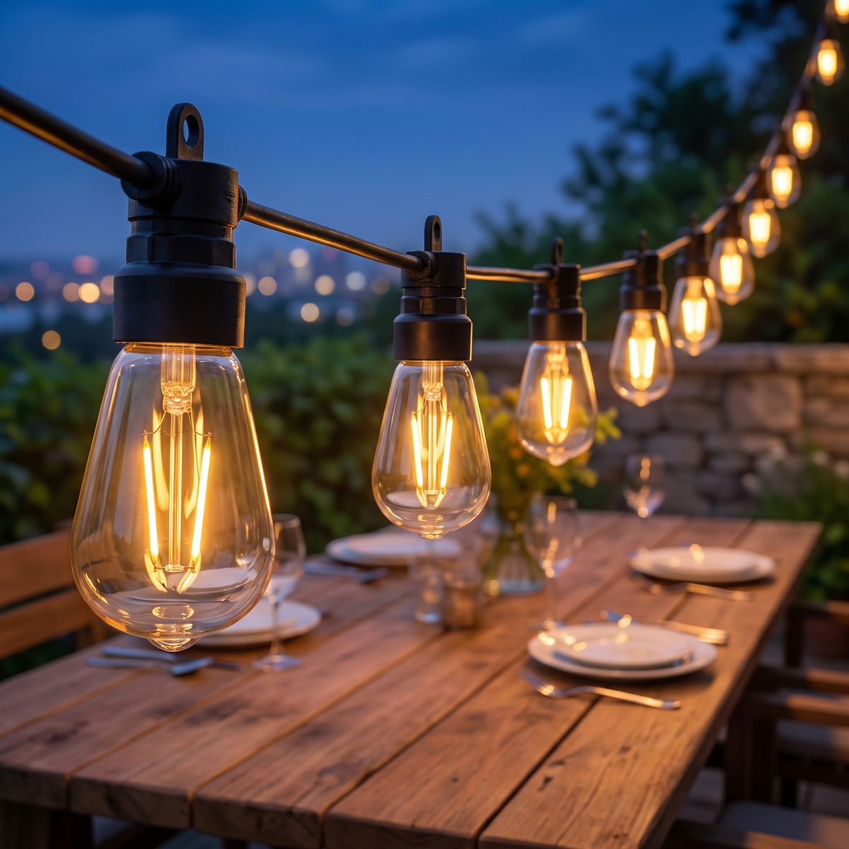 Verdana bistro LED string lights above an outdoor dining table