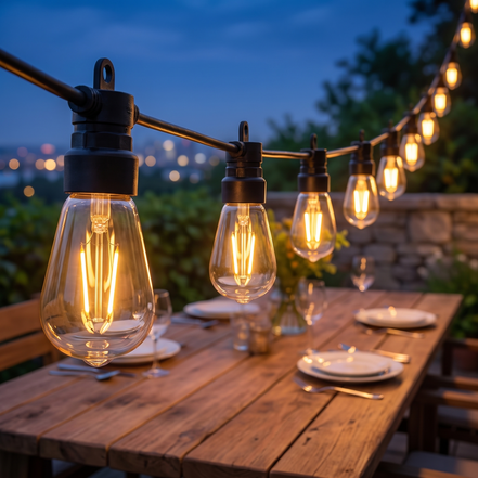 Verdana bistro LED string lights above an outdoor dining table