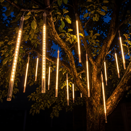 Cascada meteor shower LED tree lights in a garden tree