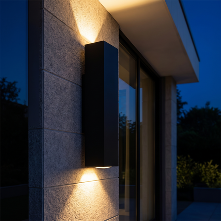 Axil up and down outdoor wall light on a stone entry