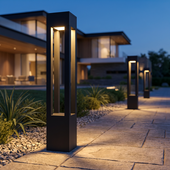 Monolyth LED bollard lights along a stone walkway