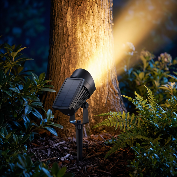 Aurex solar zoom spotlight uplighting a tree