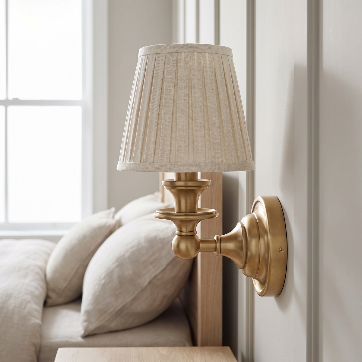 Auberly pleated fabric drum wall sconce in daylight